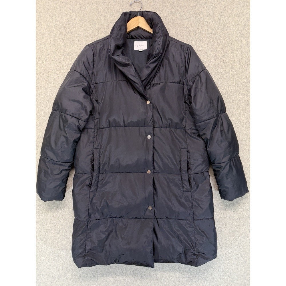 LOFT Black Long Puffer Coat Snap Front High Collar Women's Small